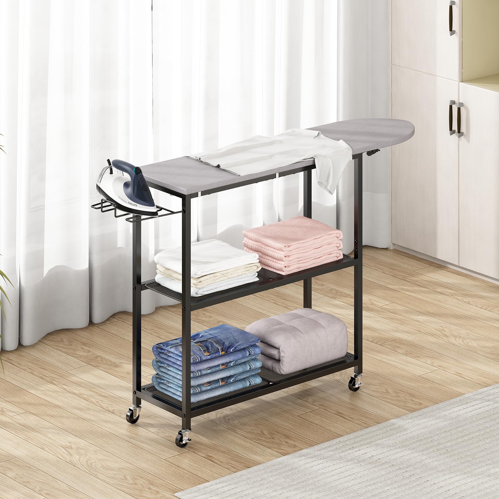 S*E様 WAQ MULTI IRON TABLE GILLAS Ironing Board with 2 Tier Storage Basket, Movable Ironing
